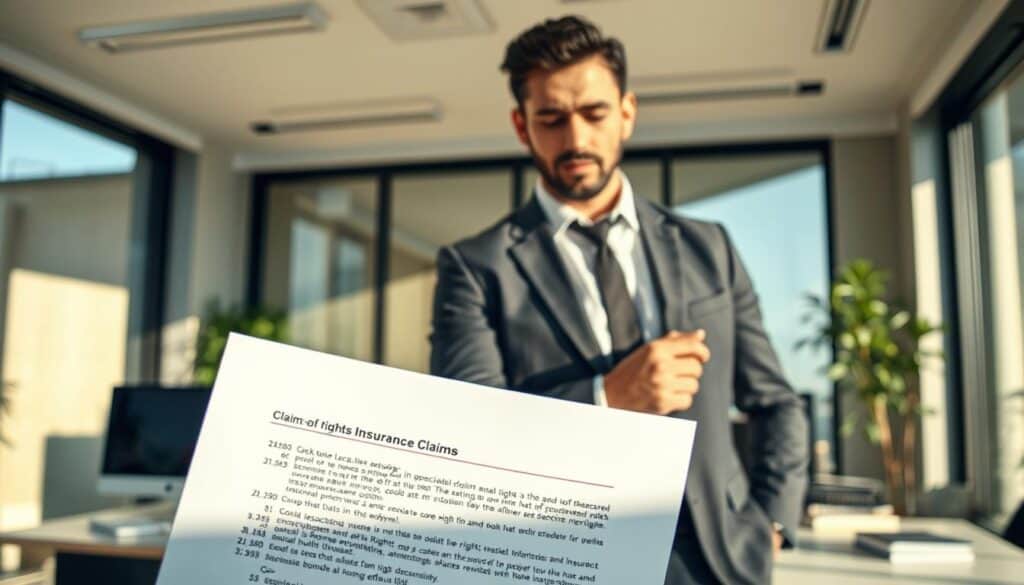 A professional and confident individual in business attire, standing in a modern office setting, examining a legal document with a focused expression. In the foreground, a close-up of the document clearly shows numbers and a paragraph header about claims. In the middle, an organized desk with a computer and books about legal rights and insurance claims is visible. The background features large windows allowing natural light to flood in, creating a warm and determined atmosphere. Soft shadows enhance the professional mood. The image should have a slight depth of field to emphasize the person and the document, while keeping the background slightly blurred. The overall tone conveys seriousness and empowerment in pursuing one's rights. A professional and confident individual in business attire, standing in a modern office setting, examining a legal document with a focused expression. In the foreground, a close-up of the document clearly shows numbers and a paragraph header about claims. In the middle, an organized desk with a computer and books about legal rights and insurance claims is visible. The background features large windows allowing natural light to flood in, creating a warm and determined atmosphere. Soft shadows enhance the professional mood. The image should have a slight depth of field to emphasize the person and the document, while keeping the background slightly blurred. The overall tone conveys seriousness and empowerment in pursuing one's rights.