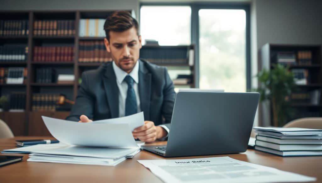 A professional and contemporary office environment serves as the backdrop, featuring a well-organized desk with documents and a laptop open to an insurance claims file. In the foreground, a concerned individual in formal business attire is reviewing papers, highlighting the complexity of compensation claims. In the middle ground, a large window allows natural light to stream in, illuminating the office space and creating a sense of introspection. A blurred bookshelf filled with legal texts and resources is visible in the background, emphasizing the theme of claims adjustment. The mood is serious yet focused, reflecting the importance of accuracy in insurance claims assessment, while avoiding any distractions from the task at hand.