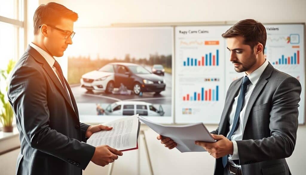 A professional and dynamic scene illustrating the concept of compensation assessment after a road collision. In the foreground, a businessman in a smart suit examines documents and a laptop, looking focused and analytical. In the middle, a large visual representation of a car accident, with detailed images of damaged vehicles. Behind them, a serene office environment with charts and graphs on a whiteboard, showcasing statistical data about compensation claims. The lighting is bright and natural, coming from a nearby window, suggesting an atmosphere of clarity and professionalism. The image should evoke a sense of diligence and responsibility in evaluating damage for claims in a business context.
