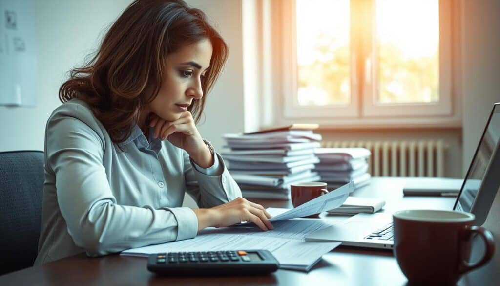 A professional and focused office environment, displaying a meticulous review process of an insurance claim for a road accident compensation. In the foreground, a woman in professional business attire is intently examining paperwork on a desk, surrounded by documents, a calculator, and a laptop. Her expression is thoughtful and determined, reflecting the importance of verifying compensation details. The middle layer features stacks of files and a coffee cup, symbolizing diligent work. In the background, a large window allows soft, natural light to fill the room, enhancing the atmosphere of seriousness and focus. The overall mood conveys diligence, professionalism, and the significance of ensuring fair compensation. A professional and focused office environment, displaying a meticulous review process of an insurance claim for a road accident compensation. In the foreground, a woman in professional business attire is intently examining paperwork on a desk, surrounded by documents, a calculator, and a laptop. Her expression is thoughtful and determined, reflecting the importance of verifying compensation details. The middle layer features stacks of files and a coffee cup, symbolizing diligent work. In the background, a large window allows soft, natural light to fill the room, enhancing the atmosphere of seriousness and focus. The overall mood conveys diligence, professionalism, and the significance of ensuring fair compensation.