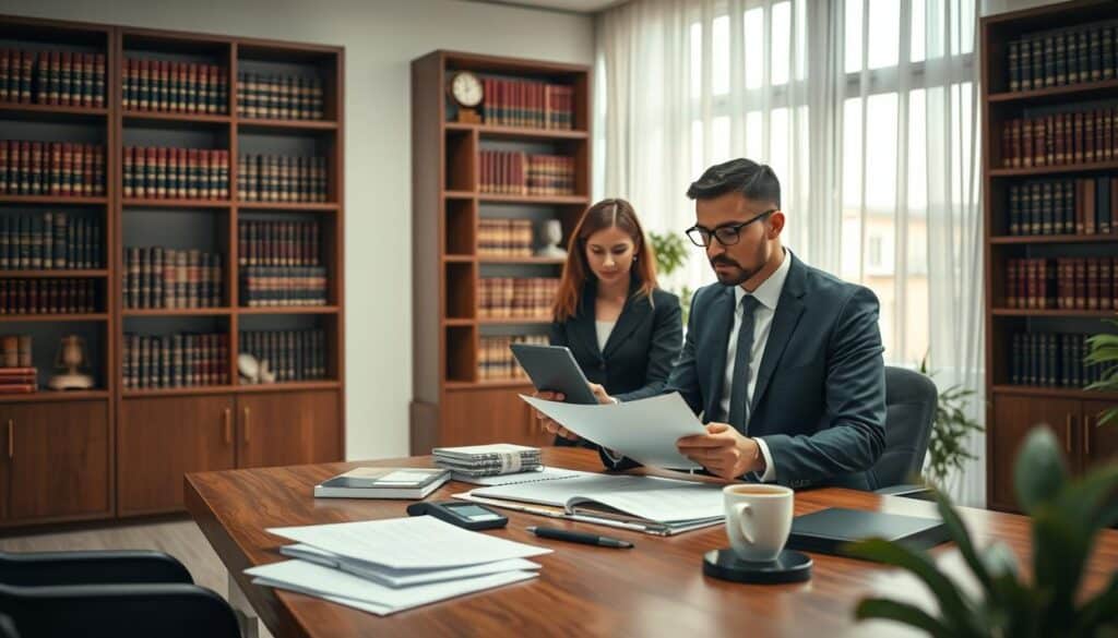 A professional and serene legal consultation scene in a modern office. In the foreground, a diverse group of two business professionals, a male lawyer in a tailored suit and a female client in smart business attire, engaged in a serious discussion over documents and a laptop. The middle ground features a wooden desk cluttered with legal papers and a coffee cup, emphasizing the business environment. In the background, a large window with soft natural light filtering through sheer curtains illuminates bookshelves filled with legal texts and awards, creating an inviting and knowledgeable atmosphere. The overall mood is respectful and focused, reflecting the importance of legal assistance and thorough assessment. Use a soft focus on the background with a sharp foreground to draw attention to the interaction. A professional and serene legal consultation scene in a modern office. In the foreground, a diverse group of two business professionals, a male lawyer in a tailored suit and a female client in smart business attire, engaged in a serious discussion over documents and a laptop. The middle ground features a wooden desk cluttered with legal papers and a coffee cup, emphasizing the business environment. In the background, a large window with soft natural light filtering through sheer curtains illuminates bookshelves filled with legal texts and awards, creating an inviting and knowledgeable atmosphere. The overall mood is respectful and focused, reflecting the importance of legal assistance and thorough assessment. Use a soft focus on the background with a sharp foreground to draw attention to the interaction.