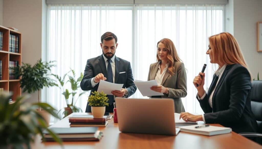 A professional and serene office setting capturing the essence of an appeals process. In the foreground, a diverse group of three individuals in professional attire is engaged in a discussion around a table filled with documents and a laptop. One person is pointing at the screen while another takes notes, demonstrating collaboration and deliberate decision-making. In the middle, legal books and a potted plant bring a sense of authority and calmness to the environment. The background features a large window with soft natural light illuminating the room, creating a warm and inviting atmosphere. The overall mood is focused and reassuring, emphasizing the importance of consultation and strategic planning in the appeals process.