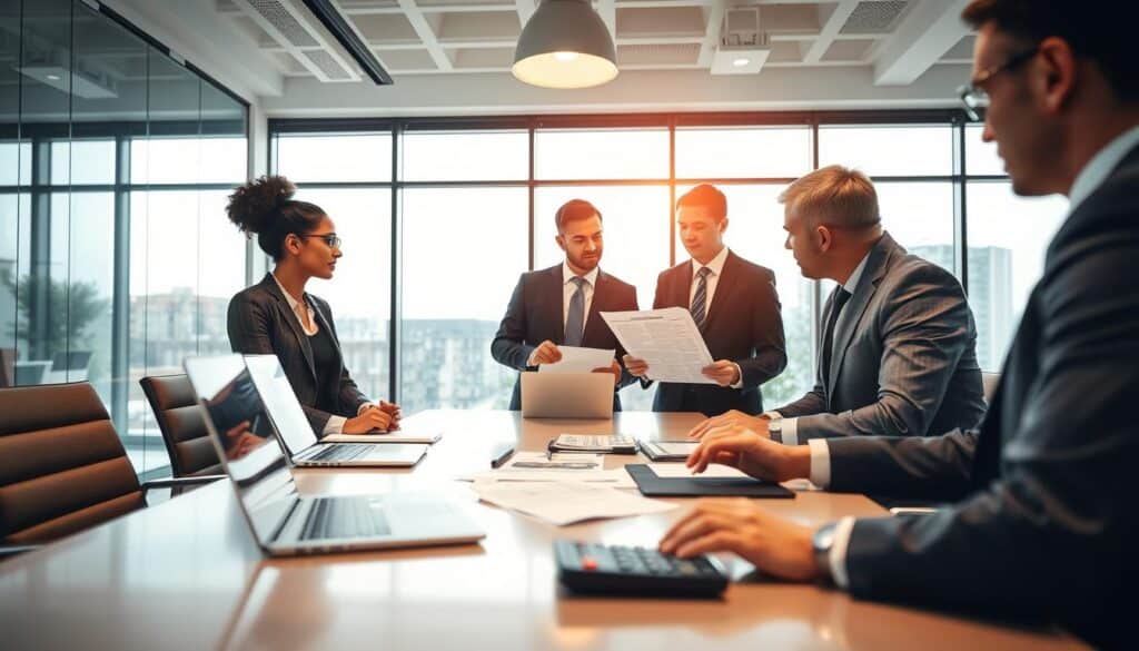 A professional and serious scene depicting a business meeting in an office focused on insurance claims. In the foreground, a diverse group of two professionals in smart business attire engaged in a discussion, one reviewing a document related to insurance compensation. The middle ground features a sleek conference table with a laptop, printed reports, and a calculator, all symbolizing the verification process of undervalued compensation. In the background, a modern office with large windows allowing natural light to flow in, illuminating the space, creating a focused atmosphere. Use a slight depth of field to emphasize the foreground discussions, capturing the tension and seriousness of the compensation claims process, while maintaining a bright and inviting setting.