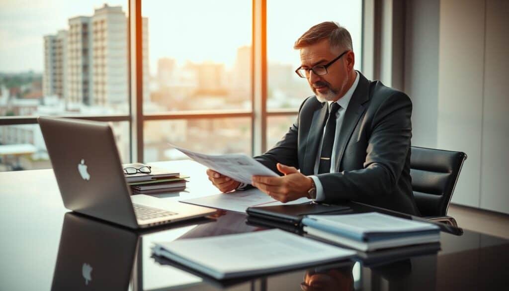 A professional appraiser, known as "rzeczoznawca," is seated at a sleek desk in a modern office, reviewing paperwork with focused concentration. The foreground features a well-organized desk with files and a laptop, symbolizing diligence and expertise. In the middle ground, the appraiser, a middle-aged man in a smart business suit, examines a car damage report under warm, natural lighting that creates an inviting atmosphere. The background shows large windows with a cityscape view, hinting at a bustling environment of activity. The overall mood conveys professionalism and trust, illustrating the process of working collaboratively with an appraiser during an insurance claim evaluation. The image captures the essence of collaboration and attention to detail in a business setting. A professional appraiser, known as "rzeczoznawca," is seated at a sleek desk in a modern office, reviewing paperwork with focused concentration. The foreground features a well-organized desk with files and a laptop, symbolizing diligence and expertise. In the middle ground, the appraiser, a middle-aged man in a smart business suit, examines a car damage report under warm, natural lighting that creates an inviting atmosphere. The background shows large windows with a cityscape view, hinting at a bustling environment of activity. The overall mood conveys professionalism and trust, illustrating the process of working collaboratively with an appraiser during an insurance claim evaluation. The image captures the essence of collaboration and attention to detail in a business setting.