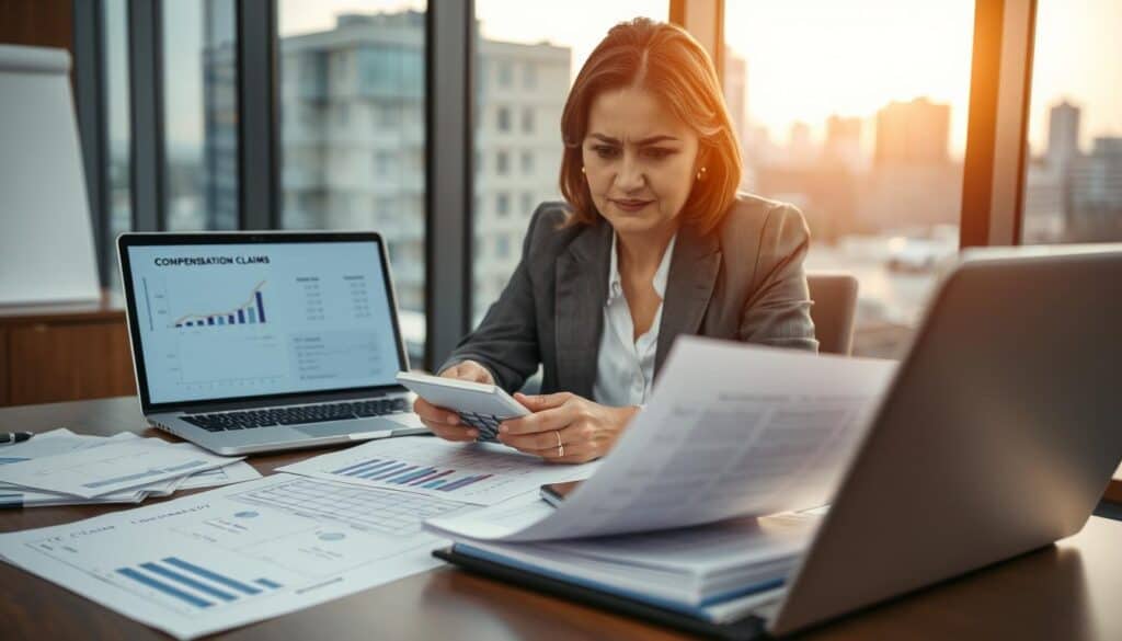 A professional business setting depicting a focused individual in a formal attire, analyzing documents related to compensation claims for a car accident. In the foreground, a desk is filled with financial papers, charts, and a laptop displaying claims calculations. The middle ground features a thoughtful person, a middle-aged Caucasian woman, using a calculator with a frown of concentration. In the background, a modern office window reveals a cityscape, bathed in warm afternoon light, creating a calm yet serious atmosphere. The framing of the image captures the depth of the office space while ensuring the focus remains on the intense evaluation of claim values. The overall mood is serious and professional, emphasizing the importance of accurate assessment in claim valuation. A professional business setting depicting a focused individual in a formal attire, analyzing documents related to compensation claims for a car accident. In the foreground, a desk is filled with financial papers, charts, and a laptop displaying claims calculations. The middle ground features a thoughtful person, a middle-aged Caucasian woman, using a calculator with a frown of concentration. In the background, a modern office window reveals a cityscape, bathed in warm afternoon light, creating a calm yet serious atmosphere. The framing of the image captures the depth of the office space while ensuring the focus remains on the intense evaluation of claim values. The overall mood is serious and professional, emphasizing the importance of accurate assessment in claim valuation.