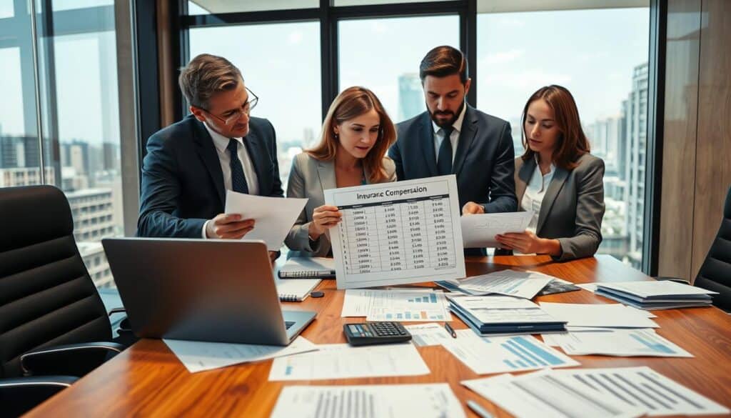A professional business setting showing a detailed analysis of insurance compensation. In the foreground, a diverse group of three well-dressed individuals discussing documents and a laptop, all focused on a spreadsheet displaying compensation figures. In the middle, a wooden conference table cluttered with paperwork, charts, and a calculator, suggesting a deep dive into the financial details. The background features a large window with natural light streaming in and a cityscape outside, promoting a sense of transparency and clarity. The mood is serious yet collaborative, emphasizing the importance of verifying insurance compensation amounts. The lighting is bright and warm, highlighting the individuals' focused expressions. A professional business setting showing a detailed analysis of insurance compensation. In the foreground, a diverse group of three well-dressed individuals discussing documents and a laptop, all focused on a spreadsheet displaying compensation figures. In the middle, a wooden conference table cluttered with paperwork, charts, and a calculator, suggesting a deep dive into the financial details. The background features a large window with natural light streaming in and a cityscape outside, promoting a sense of transparency and clarity. The mood is serious yet collaborative, emphasizing the importance of verifying insurance compensation amounts. The lighting is bright and warm, highlighting the individuals' focused expressions.