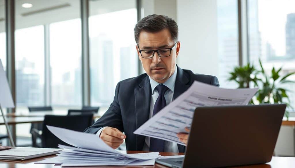 A professional claims adjuster, portrayed as a middle-aged man in a smart business suit, sits at a well-organized desk filled with documents and a laptop. He is intently analyzing a set of accident reports and calculation sheets, with a focused expression. In the background, a large window reveals a bright office view, indicating a bustling urban environment. Soft, natural light streams in, creating a warm, inviting atmosphere. The scene is framed from a slightly elevated angle to capture both the subject and the office surroundings effectively. The mood is serious yet approachable, emphasizing the importance of thorough assessment in the claims process, reflecting professionalism and expertise in the field. A professional claims adjuster, portrayed as a middle-aged man in a smart business suit, sits at a well-organized desk filled with documents and a laptop. He is intently analyzing a set of accident reports and calculation sheets, with a focused expression. In the background, a large window reveals a bright office view, indicating a bustling urban environment. Soft, natural light streams in, creating a warm, inviting atmosphere. The scene is framed from a slightly elevated angle to capture both the subject and the office surroundings effectively. The mood is serious yet approachable, emphasizing the importance of thorough assessment in the claims process, reflecting professionalism and expertise in the field.