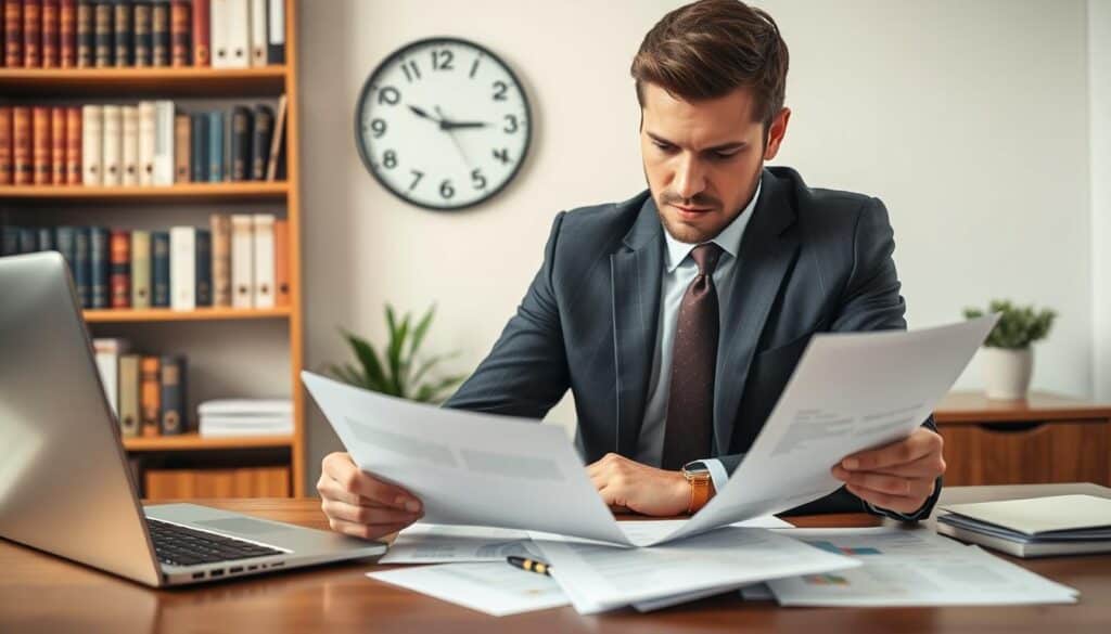 A professional, confident individual in business attire examines a document closely, seated at a wooden desk cluttered with financial papers and a laptop, symbolizing the process of claiming compensation. In the middle ground, a wall clock shows time passing, illustrating the urgency of appealing a decision. The background features bookshelves filled with legal books and a potted plant, creating an atmosphere of professionalism. Soft, natural lighting casts warm tones across the scene, enhancing the seriousness of the moment. The composition is shot from a slight overhead angle, drawing the viewer into the individual's focused expression as they deliberate on their next steps regarding the compensation claim.