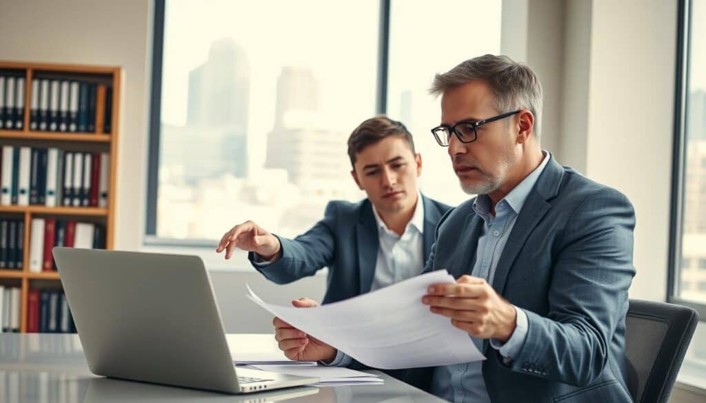 A professional consultant and a client engaged in a discussion, in a bright, modern office setting. In the foreground, the consultant, a middle-aged individual in a tailored suit, is attentively listening, with a laptop open on the table beside them. The client, a young adult in smart casual attire, is pointing at a document while looking concerned. In the middle ground, a large window allows natural light to flood the room, illuminating a bookshelf filled with legal and financial texts. The background features a soft-focus cityscape, creating a sense of professionalism and trust. The overall atmosphere is serious yet supportive, conveying the importance of seeking expert advice on financial matters related to insurance claims. A professional consultant and a client engaged in a discussion, in a bright, modern office setting. In the foreground, the consultant, a middle-aged individual in a tailored suit, is attentively listening, with a laptop open on the table beside them. The client, a young adult in smart casual attire, is pointing at a document while looking concerned. In the middle ground, a large window allows natural light to flood the room, illuminating a bookshelf filled with legal and financial texts. The background features a soft-focus cityscape, creating a sense of professionalism and trust. The overall atmosphere is serious yet supportive, conveying the importance of seeking expert advice on financial matters related to insurance claims.