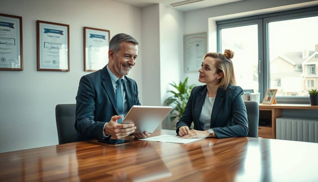 A professional consultant in a modern office setting, discussing post-accident claims with a client. The consultant, a middle-aged man in a tailored dark suit, holds a tablet displaying relevant data while offering a reassuring smile. The client, a young woman in smart casual attire, appears contemplative and engaged, seated across a polished wooden desk. The office background features a large window with soft natural light pouring in, casting a warm glow throughout the room. Framed certificates and safety posters line the walls, indicating expertise in road accident compensation. The atmosphere conveys professionalism and trust, with a focus on collaboration and support during a challenging time.