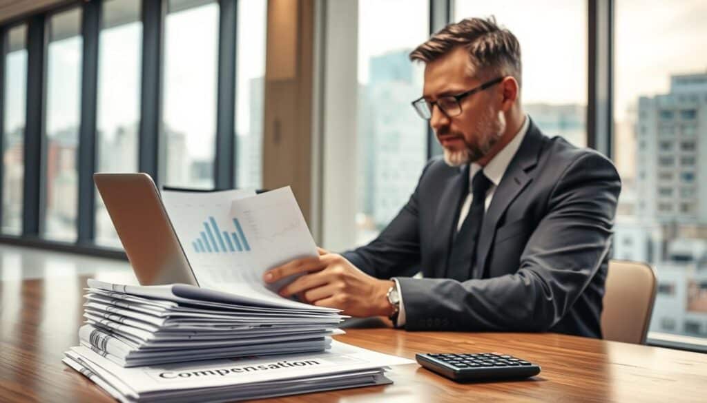 A professional consultant in business attire, sitting at a modern office desk with a laptop open, engaged in a consultation about insurance claims. The foreground showcases a stack of documents labeled "compensation" with a calculator next to them. In the middle, the consultant is depicted analyzing graphs and charts on the laptop screen, with a focused expression. The background features a well-lit office environment with large windows showing a cityscape, giving an impression of professionalism and expertise. The lighting is soft and warm, creating a welcoming atmosphere. The angle is slightly elevated, emphasizing the consultant’s engagement in the process of evaluating high compensation amounts following a car accident.