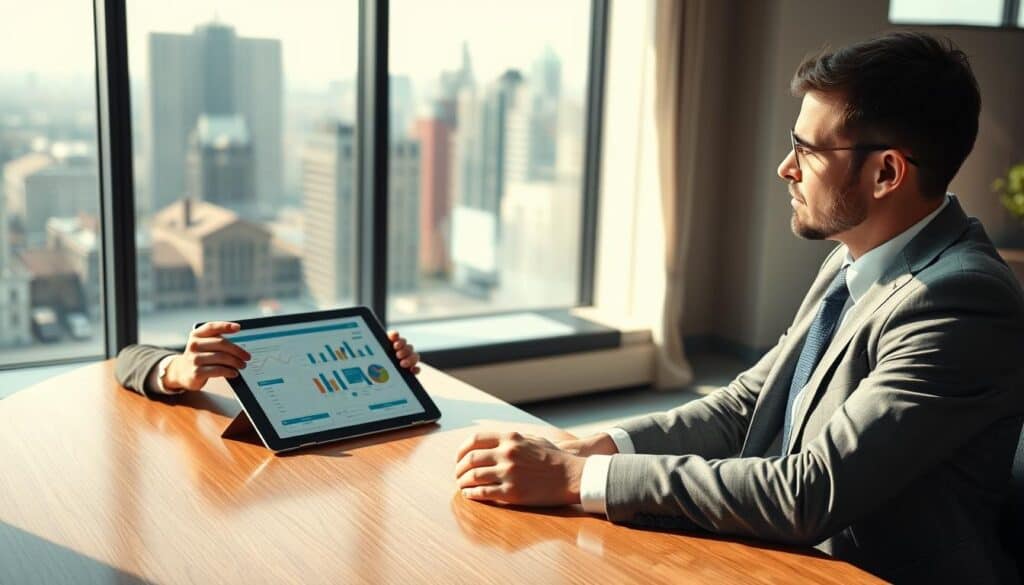 A professional consultation scene depicting a confident financial advisor discussing compensation assessment with a concerned client. The foreground features the advisor, a middle-aged person in a smart business suit, seated at a sleek wooden desk, holding a tablet with charts and graphs. The middle ground shows the client, a young adult in business casual attire, attentively listening and taking notes on a notepad. In the background, a large window reveals a cityscape, bathed in soft natural light, enhancing the atmosphere of professionalism and trust. The room is modern and well-lit, with a neutral color palette, conveying a sense of calm and focus in this important conversation about insurance claims.
