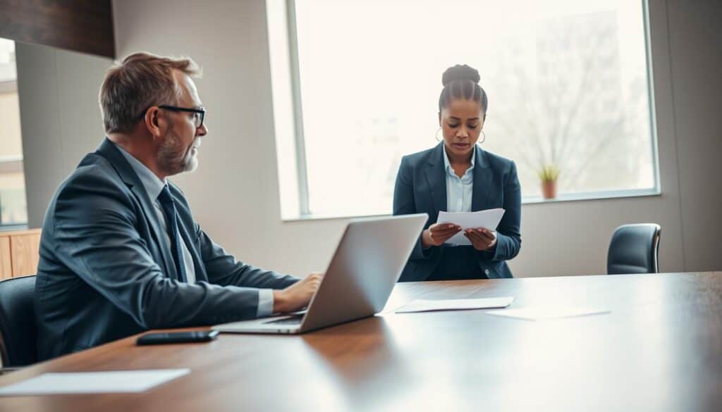 A professional consultation scene featuring an insurance expert in business attire, sitting across a sleek wooden desk in a modern office. The foreground shows the expert, a middle-aged Caucasian man, with glasses, engaging in conversation, a laptop and documents neatly arranged in front of him. In the middle of the image, a concerned client, a young woman of African descent, attentively listening and taking notes, dressed in smart casual attire. The background includes a large window with natural light pouring in, illuminating the space and casting soft shadows. The atmosphere is focused and serious, with a warm color palette that suggests trust and professionalism. No text, watermarks, or other distractions present.