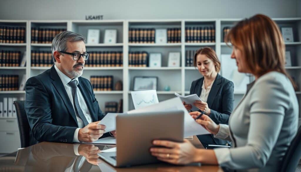 A professional consultation scene showcasing an expert and a client discussing compensation claims. In the foreground, a middle-aged man in a smart business suit sits at a modern desk, reviewing paperwork with a focused expression. Opposite him, a woman in professional attire takes notes, absorbing the expert's insights. In the middle ground, a laptop displays financial graphs and documents related to compensation. The background features a well-lit office with shelves filled with legal books and certificates, conveying an authoritative atmosphere. Soft, natural light floods the room, creating a warm and inviting mood, while a slight depth of field blurs the edges, emphasizing the consultation. The angle is slightly elevated to capture both the expertise and engagement of the scene. A professional consultation scene showcasing an expert and a client discussing compensation claims. In the foreground, a middle-aged man in a smart business suit sits at a modern desk, reviewing paperwork with a focused expression. Opposite him, a woman in professional attire takes notes, absorbing the expert's insights. In the middle ground, a laptop displays financial graphs and documents related to compensation. The background features a well-lit office with shelves filled with legal books and certificates, conveying an authoritative atmosphere. Soft, natural light floods the room, creating a warm and inviting mood, while a slight depth of field blurs the edges, emphasizing the consultation. The angle is slightly elevated to capture both the expertise and engagement of the scene.