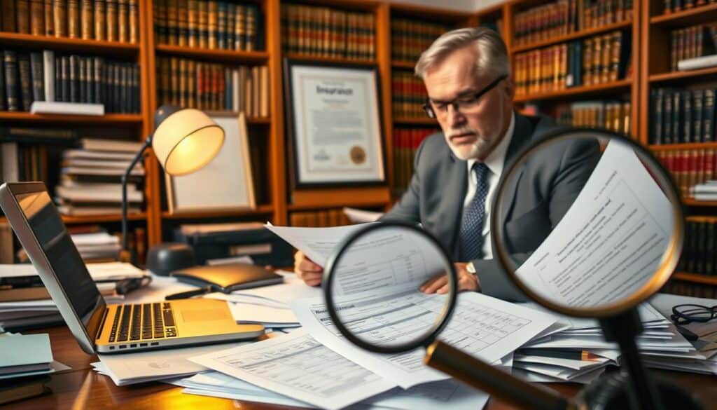 A professional expert in a business suit, analyzing insurance documents at a cluttered desk filled with papers and a laptop. In the foreground, a magnifying glass focuses on a complex report detailing compensation figures. In the middle ground, a softly lit light illuminates a framed certification of expertise on the wall, enhancing the credibility of the setting. The background features bookshelves stacked with law and insurance-related books, creating a scholarly atmosphere. The room is warmly lit, suggesting an inviting yet serious ambiance, ideal for discussions about claims and expert evaluations. The overall mood conveys professionalism, diligence, and a commitment to thorough analysis in the claims process. A professional expert in a business suit, analyzing insurance documents at a cluttered desk filled with papers and a laptop. In the foreground, a magnifying glass focuses on a complex report detailing compensation figures. In the middle ground, a softly lit light illuminates a framed certification of expertise on the wall, enhancing the credibility of the setting. The background features bookshelves stacked with law and insurance-related books, creating a scholarly atmosphere. The room is warmly lit, suggesting an inviting yet serious ambiance, ideal for discussions about claims and expert evaluations. The overall mood conveys professionalism, diligence, and a commitment to thorough analysis in the claims process.