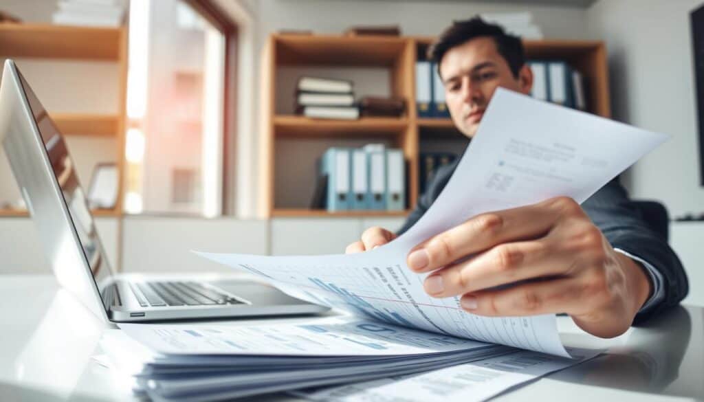 A professional insurance adjuster, dressed in formal business attire, is seated at a modern desk in an office, examining a stack of claims documents and a laptop displaying graphs and charts. In the foreground, a close-up of a hands-on inspection of a car accident form, highlighting the details of the claim being evaluated. In the middle ground, a large window allows natural light to flood the room, casting soft shadows. The background features shelves filled with insurance books and policy manuals, contributing to a serious and focused atmosphere. The overall mood conveys a sense of diligence and accountability while highlighting the importance of fair decision-making in insurance claims. The image captures the essence of consequences and decisions in the insurance process.
