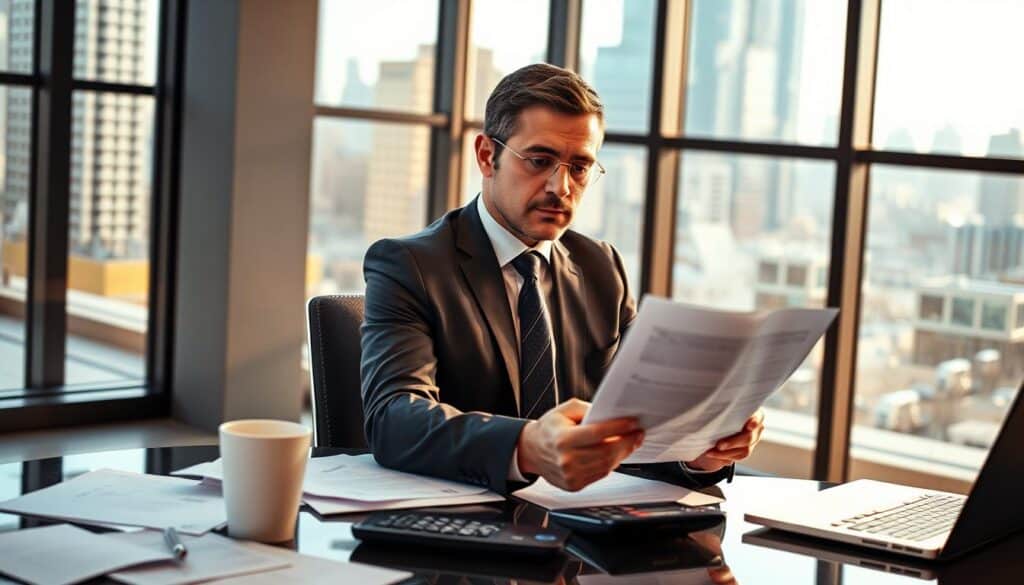 A professional insurance agent in a smart business suit, sitting at a sleek desk cluttered with paperwork and a laptop, is reviewing a claim document with focused attention. The office is modern, featuring large windows allowing warm, natural light to flood the space, creating an inviting atmosphere. In the background, a cityscape is visible through the glass, symbolizing the urban reality of insurance claims. On the desk, a coffee cup and a calculator hint at the meticulous work involved in assessing damages accurately. The agent's expression is serious yet empathetic, conveying the significant impact of insurance decisions on policyholders. The overall mood is one of professionalism and diligence, capturing the essence of the insurance process regarding claims.