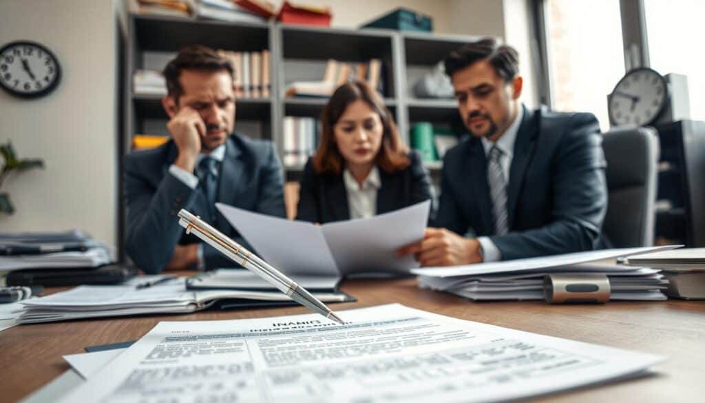 A professional insurance office setting with a focus on a desk cluttered with documents related to insurance claims. In the foreground, a close-up of a hand holding a pen, poised over a claim form, symbolizing the frustration of filing a claim. The middle features a worried-looking insurance agent dressed in business attire, analyzing the documents and discussing the claim with a concerned client, who is also in business casual attire. In the background, shelves filled with insurance literature and a wall clock showing an impending deadline create a sense of urgency. Soft, natural light enters through a window, adding a sense of realism and highlighting the tension in the scene. The overall mood is one of concern and urgency, reflecting the challenges faced when dealing with insurance claims. A professional insurance office setting with a focus on a desk cluttered with documents related to insurance claims. In the foreground, a close-up of a hand holding a pen, poised over a claim form, symbolizing the frustration of filing a claim. The middle features a worried-looking insurance agent dressed in business attire, analyzing the documents and discussing the claim with a concerned client, who is also in business casual attire. In the background, shelves filled with insurance literature and a wall clock showing an impending deadline create a sense of urgency. Soft, natural light enters through a window, adding a sense of realism and highlighting the tension in the scene. The overall mood is one of concern and urgency, reflecting the challenges faced when dealing with insurance claims.