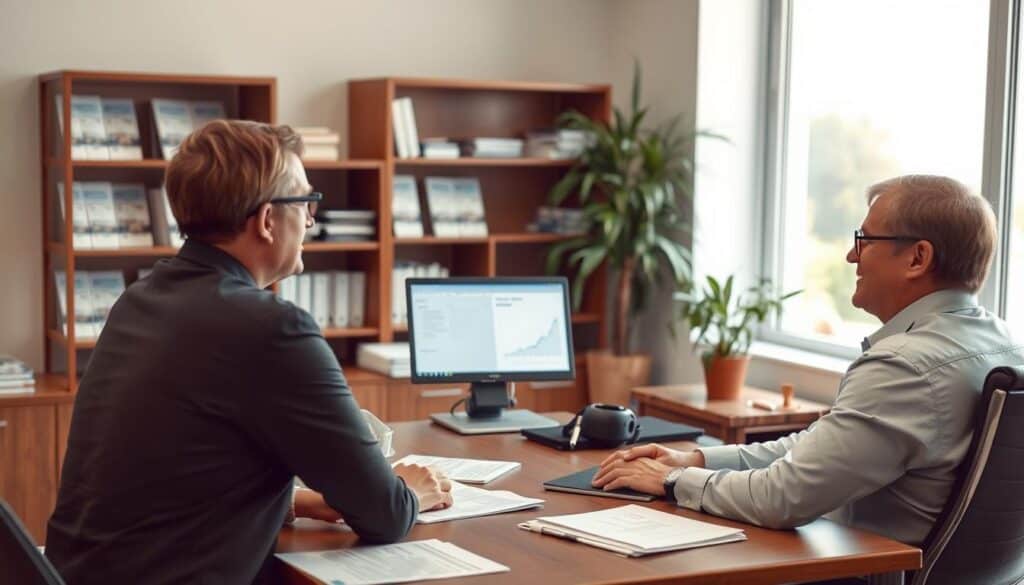 A professional insurance office setting, with a focus on a well-dressed insurance agent (in business attire) sitting at a desk with paperwork and files, looking thoughtfully at a laptop screen displaying a graph and documents related to claims. In the foreground, a concerned customer in casual yet modest clothing is seated across the desk, appearing engaged and attentive. The middle ground features a well-organized office, with shelves of insurance literature and a potted plant adding a touch of warmth. In the background, a large window shows a bright day outside, conveying a sense of openness and transparency. Soft, natural lighting fills the room, creating a calm and professional atmosphere, emphasizing the themes of communication and responsibility in the insurance process. A professional insurance office setting, with a focus on a well-dressed insurance agent (in business attire) sitting at a desk with paperwork and files, looking thoughtfully at a laptop screen displaying a graph and documents related to claims. In the foreground, a concerned customer in casual yet modest clothing is seated across the desk, appearing engaged and attentive. The middle ground features a well-organized office, with shelves of insurance literature and a potted plant adding a touch of warmth. In the background, a large window shows a bright day outside, conveying a sense of openness and transparency. Soft, natural lighting fills the room, creating a calm and professional atmosphere, emphasizing the themes of communication and responsibility in the insurance process.