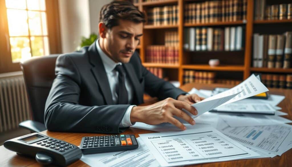 A professional lawyer in a business suit, seated at a desk covered with documents and legal papers that symbolize costs and disputes, such as invoices and bills. The foreground features a calculator and a notepad filled with calculations for legal fees. In the middle, a large window lets in soft, natural light, illuminating the scene and casting a warm glow. The background showcases a bookshelf filled with law books and case files, hinting at the legal profession. The overall atmosphere should convey seriousness and professionalism, reflecting the complexities of legal costs involved in disputes. The angles should be slightly overhead, capturing the full layout of the desk while maintaining focus on the lawyer's engaged expression as they analyze the costs. A professional lawyer in a business suit, seated at a desk covered with documents and legal papers that symbolize costs and disputes, such as invoices and bills. The foreground features a calculator and a notepad filled with calculations for legal fees. In the middle, a large window lets in soft, natural light, illuminating the scene and casting a warm glow. The background showcases a bookshelf filled with law books and case files, hinting at the legal profession. The overall atmosphere should convey seriousness and professionalism, reflecting the complexities of legal costs involved in disputes. The angles should be slightly overhead, capturing the full layout of the desk while maintaining focus on the lawyer's engaged expression as they analyze the costs.