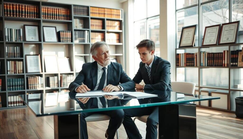 A professional lawyer in a modern office setting, engaged in a consultation with a concerned client. The lawyer, a middle-aged person in a tailored dark suit, sits across a sleek glass table, looking attentive and empathetic. The client, a young adult in business casual attire, appears anxious yet hopeful, with documents spread out before them. Soft natural light streams through large windows, creating an inviting atmosphere. In the background, shelves filled with law books and framed legal certificates give a sense of credibility and professionalism. The camera angle is slightly elevated, showcasing both the lawyer and the client, emphasizing their interaction. The mood is serious yet supportive, highlighting the theme of legal assistance in times of need. A professional lawyer in a modern office setting, engaged in a consultation with a concerned client. The lawyer, a middle-aged person in a tailored dark suit, sits across a sleek glass table, looking attentive and empathetic. The client, a young adult in business casual attire, appears anxious yet hopeful, with documents spread out before them. Soft natural light streams through large windows, creating an inviting atmosphere. In the background, shelves filled with law books and framed legal certificates give a sense of credibility and professionalism. The camera angle is slightly elevated, showcasing both the lawyer and the client, emphasizing their interaction. The mood is serious yet supportive, highlighting the theme of legal assistance in times of need.