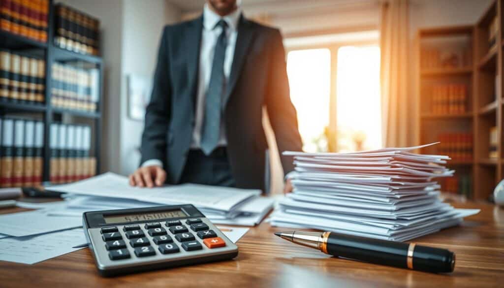 A professional lawyer in a smart business suit, standing confidently at a desk cluttered with documents related to a car accident claim. In the foreground, a close-up of a calculator displaying numbers representing higher compensation amounts. In the middle, a large stack of legal paperwork, including a pen poised to sign a contract. The background features a softly blurred office setting, with shelves filled with law books and a window allowing warm, natural light to illuminate the scene. The mood is serious and focused, conveying a sense of determination and professionalism. The composition is shot from a slightly elevated angle, emphasizing the lawyer’s commitment to securing justice for their client. A professional lawyer in a smart business suit, standing confidently at a desk cluttered with documents related to a car accident claim. In the foreground, a close-up of a calculator displaying numbers representing higher compensation amounts. In the middle, a large stack of legal paperwork, including a pen poised to sign a contract. The background features a softly blurred office setting, with shelves filled with law books and a window allowing warm, natural light to illuminate the scene. The mood is serious and focused, conveying a sense of determination and professionalism. The composition is shot from a slightly elevated angle, emphasizing the lawyer’s commitment to securing justice for their client.