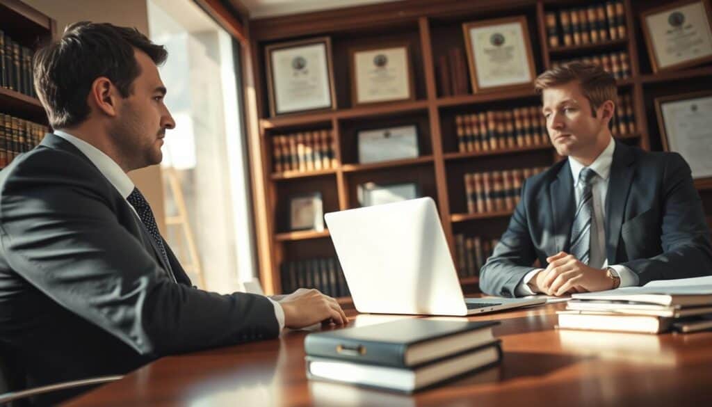 A professional lawyer's office setting, showing a consultation scene in the foreground. A well-dressed lawyer in a dark suit sits at a polished wooden desk, attentively listening to a client in business casual attire, looking concerned yet engaged. In the middle ground, legal books and a laptop are visible, symbolizing research and preparation. The background showcases shelves filled with law texts and framed certificates, enhancing the authoritative atmosphere. Natural light streams in through a large window, casting a warm glow and creating shadows that add depth. The mood is focused and serious, reflecting the importance of legal consultations and the preparation needed for dealing with insurance adjustments. The angle captures both the lawyer and the client, emphasizing their interaction in this critical moment.