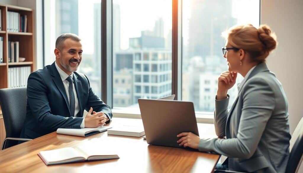 A professional legal consultation scene in a modern office. In the foreground, a confident legal expert, dressed in business attire, is sitting at a sleek wooden desk, attentively engaging with a client. The client, portrayed as a person in smart casual clothing, appears focused and eager to understand their rights regarding compensation claims. In the middle ground, law books and a laptop are neatly arranged, illustrating professionalism. The background features a large window letting in soft natural light, with cityscape views that enhance the atmosphere of a vibrant legal practice. The overall mood is one of trust, clarity, and support, emphasizing the importance of seeking expert advice in legal matters. The lighting is warm and inviting, suggesting a welcoming environment for clients. A professional legal consultation scene in a modern office. In the foreground, a confident legal expert, dressed in business attire, is sitting at a sleek wooden desk, attentively engaging with a client. The client, portrayed as a person in smart casual clothing, appears focused and eager to understand their rights regarding compensation claims. In the middle ground, law books and a laptop are neatly arranged, illustrating professionalism. The background features a large window letting in soft natural light, with cityscape views that enhance the atmosphere of a vibrant legal practice. The overall mood is one of trust, clarity, and support, emphasizing the importance of seeking expert advice in legal matters. The lighting is warm and inviting, suggesting a welcoming environment for clients.