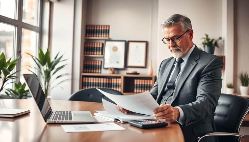A professional legal office interior, showcasing a sleek desk with a laptop, legal documents, and a calculator prominently on display. In the foreground, a well-dressed lawyer, a middle-aged man in a tailored suit, is reviewing paperwork with a thoughtful expression. The middle ground features a large bookshelf filled with law books and a framed certificate on the wall, emphasizing credibility. Soft, warm lighting filters in from a nearby window, creating a welcoming atmosphere. In the background, subtle decorative elements like potted plants add a touch of freshness. The overall mood is serious yet approachable, reflecting the theme of legal costs and professional support. A professional legal office interior, showcasing a sleek desk with a laptop, legal documents, and a calculator prominently on display. In the foreground, a well-dressed lawyer, a middle-aged man in a tailored suit, is reviewing paperwork with a thoughtful expression. The middle ground features a large bookshelf filled with law books and a framed certificate on the wall, emphasizing credibility. Soft, warm lighting filters in from a nearby window, creating a welcoming atmosphere. In the background, subtle decorative elements like potted plants add a touch of freshness. The overall mood is serious yet approachable, reflecting the theme of legal costs and professional support.