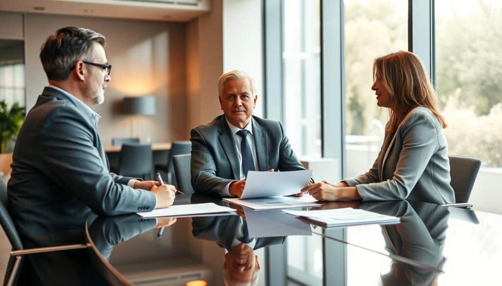 A professional mediator seated at a sleek conference table, surrounded by two individuals engaged in a discussion about compensation claims. The mediator, a middle-aged person in business attire, listens attentively, exuding empathy and understanding. The individuals, one man and one woman, both in smart casual clothing, have paperwork and documents spread out before them, highlighting the seriousness of the mediation process. Warm, soft lighting filters through large windows in the background, creating an inviting atmosphere. Office decor features neutral tones and modern furnishings, emphasizing professionalism. The camera captures the scene from a slightly elevated angle to provide depth, focusing on the interaction among the three people while maintaining a sense of openness in the space. The overall mood is constructive and hopeful, showcasing alternative options for obtaining compensation. A professional mediator seated at a sleek conference table, surrounded by two individuals engaged in a discussion about compensation claims. The mediator, a middle-aged person in business attire, listens attentively, exuding empathy and understanding. The individuals, one man and one woman, both in smart casual clothing, have paperwork and documents spread out before them, highlighting the seriousness of the mediation process. Warm, soft lighting filters through large windows in the background, creating an inviting atmosphere. Office decor features neutral tones and modern furnishings, emphasizing professionalism. The camera captures the scene from a slightly elevated angle to provide depth, focusing on the interaction among the three people while maintaining a sense of openness in the space. The overall mood is constructive and hopeful, showcasing alternative options for obtaining compensation.