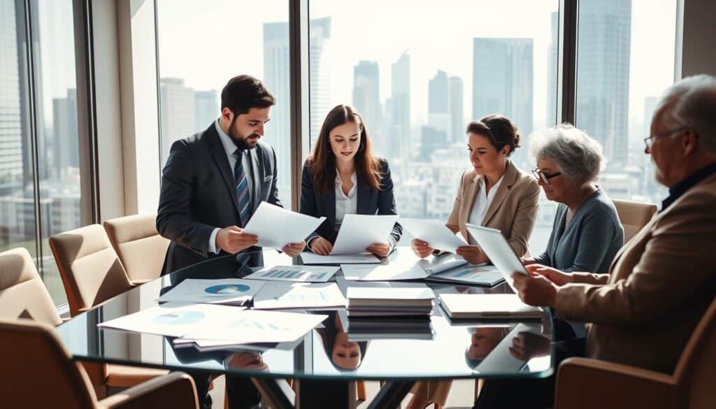 A professional meeting room setting featuring a diverse group of three expert advisors: a middle-aged male in a tailored suit analyzing documents, a young female consultant in business casual attire engaged in discussion, and an older woman reviewing charts on a laptop. They are gathered around a sleek glass table, surrounded by charts and reports that reflect the topic of insurance assessment. Bright, natural light streams in from large windows, casting soft shadows. The mood is focused yet collaborative, conveying a sense of expertise and problem-solving. In the background, a modern city skyline is visible through the windows, adding a sense of urgency and professionalism to the scene.