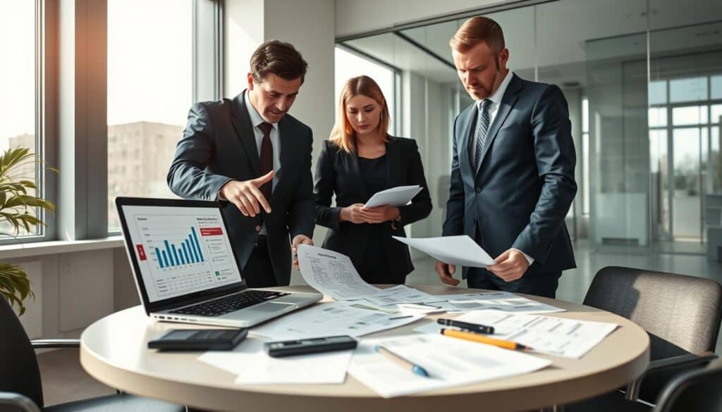 A professional office environment focusing on an 'insurance claim analysis' scene. In the foreground, a diverse group of three professionals—two men and one woman—dressed in smart business attire, are intently examining documents related to an accident claim. One man is gesturing towards a laptop displaying charts, while the woman takes notes. The middle ground features a round table scattered with papers showing damage assessments, alongside a few pens and a calculator. The background is a sleek office with large windows allowing natural light to flow in, casting soft shadows. The atmosphere is serious yet collaborative, highlighting the investigation into the reasons for low insurance payouts, evoking diligence and expertise. The image is framed from a slight angle to capture the dynamic discussion and engagement among the professionals. A professional office environment focusing on an 'insurance claim analysis' scene. In the foreground, a diverse group of three professionals—two men and one woman—dressed in smart business attire, are intently examining documents related to an accident claim. One man is gesturing towards a laptop displaying charts, while the woman takes notes. The middle ground features a round table scattered with papers showing damage assessments, alongside a few pens and a calculator. The background is a sleek office with large windows allowing natural light to flow in, casting soft shadows. The atmosphere is serious yet collaborative, highlighting the investigation into the reasons for low insurance payouts, evoking diligence and expertise. The image is framed from a slight angle to capture the dynamic discussion and engagement among the professionals.