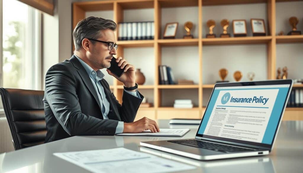 A professional office environment illustrating direct contact with an insurance agent. In the foreground, a well-dressed person, either male or female, is seated at a sleek desk, engaged in a conversation on a modern smartphone, showing focus and determination. The middle ground features a large window with soft natural light flooding in, illuminating documents and a laptop with an open screen showing an insurance policy. In the background, shelves filled with insurance books and awards create a sense of professionalism. The mood is focused and serious, reflecting the importance of clear communication in insurance matters. The lighting is bright yet warm, enhancing the atmosphere of trust and professionalism in the scene. A professional office environment illustrating direct contact with an insurance agent. In the foreground, a well-dressed person, either male or female, is seated at a sleek desk, engaged in a conversation on a modern smartphone, showing focus and determination. The middle ground features a large window with soft natural light flooding in, illuminating documents and a laptop with an open screen showing an insurance policy. In the background, shelves filled with insurance books and awards create a sense of professionalism. The mood is focused and serious, reflecting the importance of clear communication in insurance matters. The lighting is bright yet warm, enhancing the atmosphere of trust and professionalism in the scene.