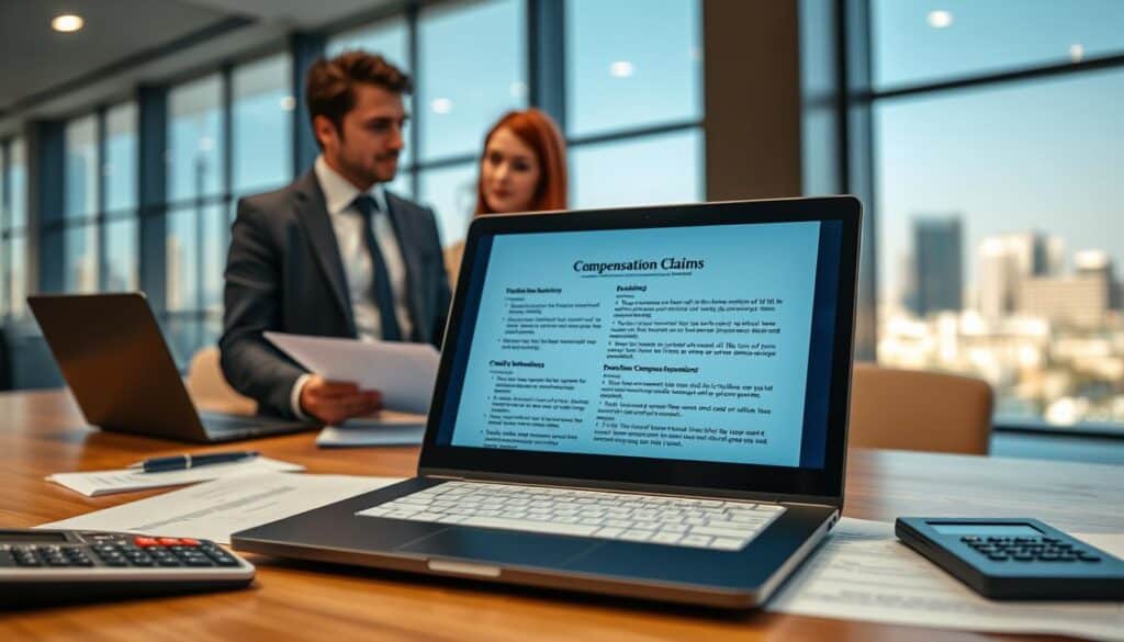 A professional office environment showcasing a modern desk with a laptop, insurance documents, and a calculator. In the foreground, a laptop screen displays a detailed insurance policy document for vehicle insurance, highlighting aspects of compensation claims. In the middle ground, a financial advisor in formal attire is reviewing the documents with a client, who appears engaged and curious, emphasizing the conversation around insurance claims. The background features a large window with natural light flooding in, illuminating a city skyline. The overall atmosphere conveys professionalism and trust, with a focus on clarity and understanding, suitable for discussing vehicle insurance compensation. The image should have a warm, inviting color palette, suggesting a sense of security and reliability in the insurance process.