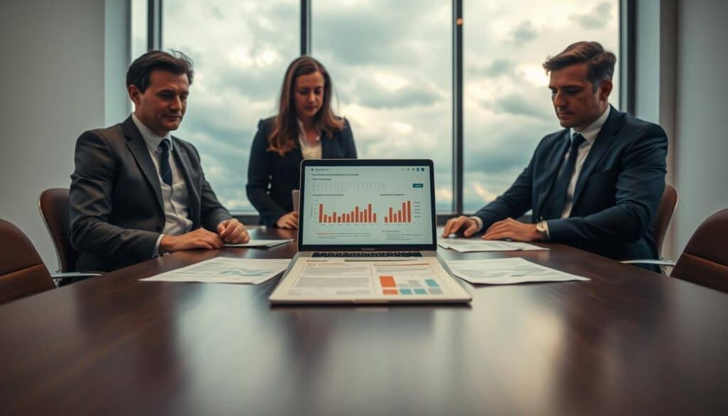 A professional office environment with a focus on a conference table in the foreground, where two business people in smart attire are examining documents related to insurance claims. The middle layer features a laptop displaying graphs and charts related to compensation assessments, highlighting discrepancies in claims. In the background, a large window reveals a cloudy sky, enhancing the serious mood of the scene. Soft, diffused lighting casts a warm glow over the room, creating an atmosphere of contemplation and analysis. The camera angle is slightly tilted from above, giving a clear view of the table and the documents, emphasizing the importance of accuracy in compensation assessments. The image should convey a sense of professionalism and diligence in handling communication and claims.