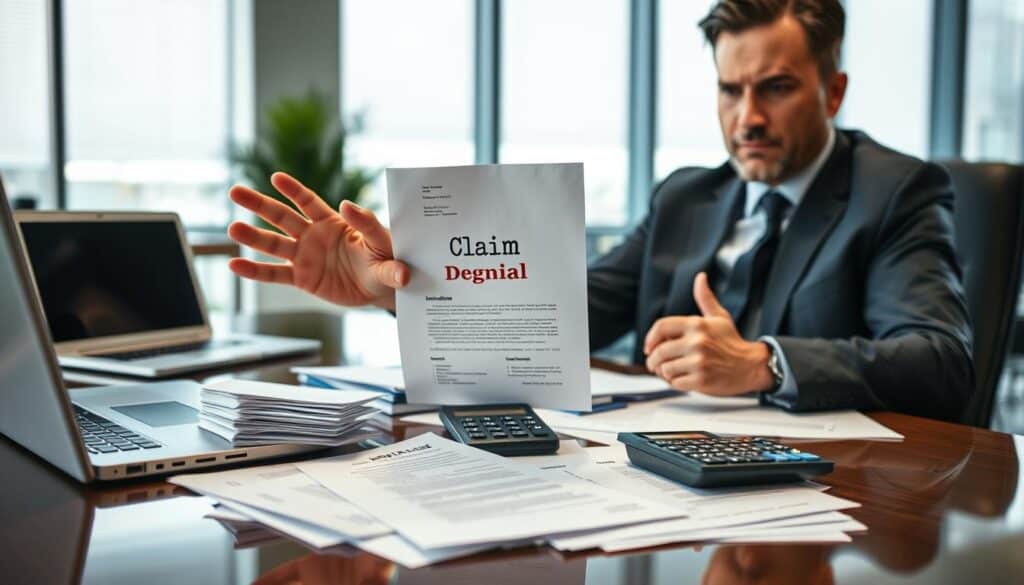 A professional office scene depicting a person in business attire, sitting at a sleek desk cluttered with insurance paperwork and a laptop. The foreground focuses on the individual’s hands gesturing towards a document titled "Claim Denial," with a frustrated expression on their face. In the middle, a stack of rejection letters and a calculator are visible, conveying the complexity of the claims process. The background shows a modern office environment, with large windows allowing natural light to illuminate the space, creating a serious and tense atmosphere. The image should have a realistic style, with soft shadows and balanced lighting, emphasizing the challenges faced when dealing with insurance claims.