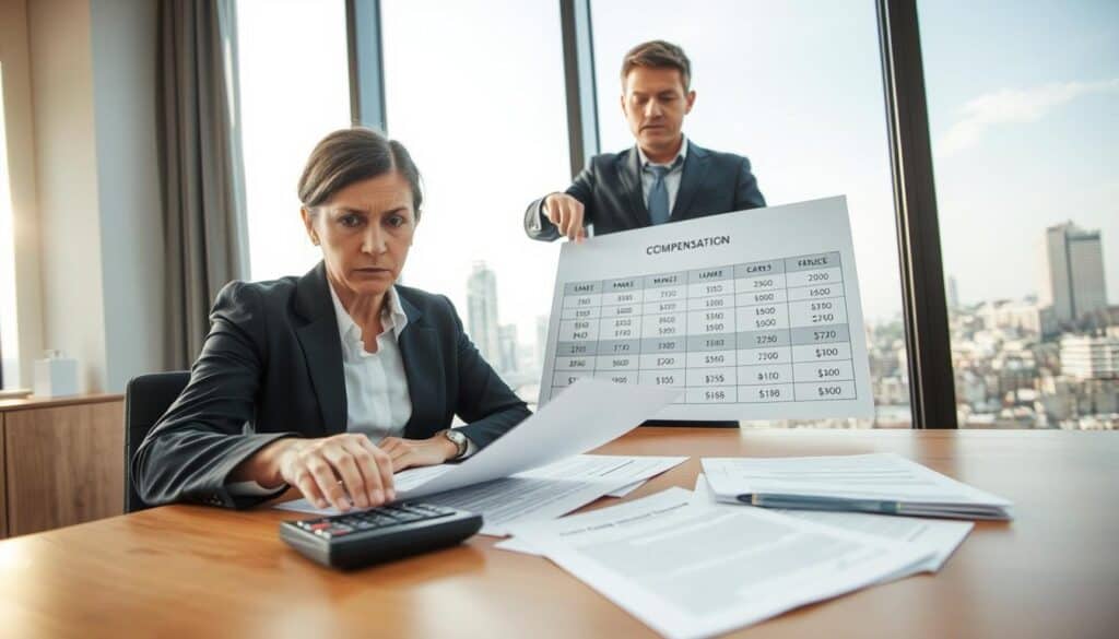 A professional office scene depicting the process of filing an insurance compensation claim for a reduced payout. In the foreground, a business-attired individual, a middle-aged woman looking concerned, is seated at a table, reviewing documents spread out in front of her, including insurance forms and a calculator. In the middle ground, a second person, a man in a suit, stands beside her, pointing to a chart illustrating compensation amounts. The background features a large window bringing in soft, natural light, with a cityscape visible outside. The atmosphere is tense yet focused, conveying a sense of urgency and determination in addressing the issue of underpayment. The angle is slightly elevated, capturing both the subjects and the documents clearly. A professional office scene depicting the process of filing an insurance compensation claim for a reduced payout. In the foreground, a business-attired individual, a middle-aged woman looking concerned, is seated at a table, reviewing documents spread out in front of her, including insurance forms and a calculator. In the middle ground, a second person, a man in a suit, stands beside her, pointing to a chart illustrating compensation amounts. The background features a large window bringing in soft, natural light, with a cityscape visible outside. The atmosphere is tense yet focused, conveying a sense of urgency and determination in addressing the issue of underpayment. The angle is slightly elevated, capturing both the subjects and the documents clearly.