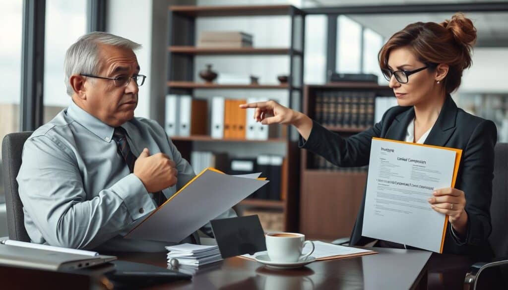 A professional office scene where a concerned insurance policyholder, a middle-aged man in business attire, is sitting across from a stern insurance adjuster in an office setting. The adjuster, a woman in smart business wear, is pointing at a document with a calculated expression, highlighting a limited compensation figure. The foreground features the man’s worried expression and hand clutching a folder filled with papers. In the middle, a desk cluttered with insurance forms, a laptop, and a cup of coffee reflects the tension of the conversation. The background shows a bookshelf filled with legal books and a window revealing an overcast sky, creating a somber mood. Soft, diffused lighting adds to the seriousness of the discussion, with a focus on the faces of the characters. A professional office scene where a concerned insurance policyholder, a middle-aged man in business attire, is sitting across from a stern insurance adjuster in an office setting. The adjuster, a woman in smart business wear, is pointing at a document with a calculated expression, highlighting a limited compensation figure. The foreground features the man’s worried expression and hand clutching a folder filled with papers. In the middle, a desk cluttered with insurance forms, a laptop, and a cup of coffee reflects the tension of the conversation. The background shows a bookshelf filled with legal books and a window revealing an overcast sky, creating a somber mood. Soft, diffused lighting adds to the seriousness of the discussion, with a focus on the faces of the characters.