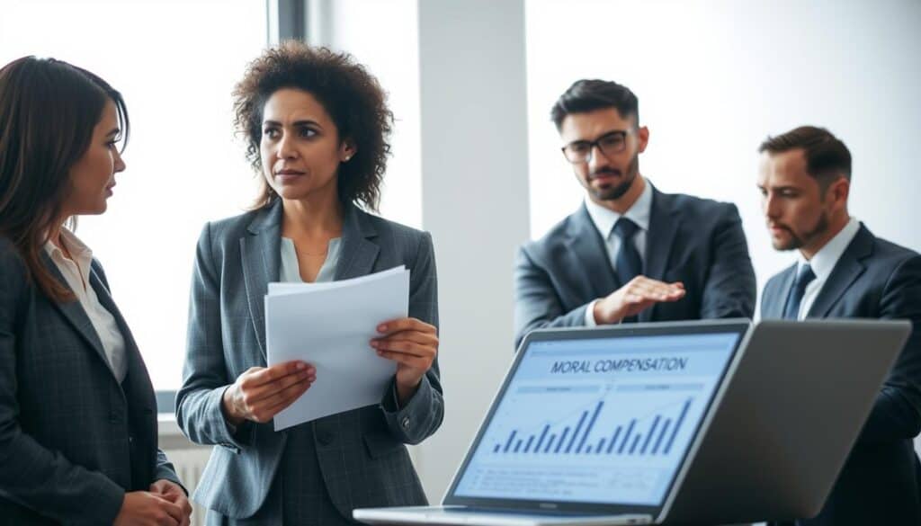 A professional office setting depicting a diverse group of three individuals in business attire engaged in a serious discussion. In the foreground, a middle-aged woman, looking concerned, holds documents that represent financial loss and moral compensation. Next to her, a young man gestures towards a laptop screen displaying legal charts and graphs, signifying compensation claims. In the background, a window lets in soft natural light, creating a calm yet serious atmosphere. The color palette is muted with shades of gray and blue to emphasize professionalism. The composition captures the intensity of the conversation about material and moral losses, while ensuring the setting and attire reflect a respectful and serious tone. A professional office setting depicting a diverse group of three individuals in business attire engaged in a serious discussion. In the foreground, a middle-aged woman, looking concerned, holds documents that represent financial loss and moral compensation. Next to her, a young man gestures towards a laptop screen displaying legal charts and graphs, signifying compensation claims. In the background, a window lets in soft natural light, creating a calm yet serious atmosphere. The color palette is muted with shades of gray and blue to emphasize professionalism. The composition captures the intensity of the conversation about material and moral losses, while ensuring the setting and attire reflect a respectful and serious tone.