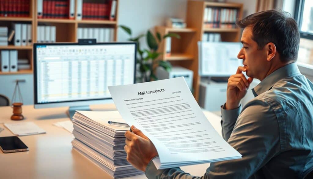 A professional office setting, focused on a clean desk featuring a neatly organized stack of insurance paperwork, specifically an appeal letter to an insurance company. In the foreground, a thoughtful person in business attire, a middle-aged Caucasian man, is reviewing the letter with a pen in hand, looking pensive. In the middle ground, a computer screen displays a detailed spreadsheet of insurance payout calculations, illuminated by soft, natural light coming from a nearby window. The background shows a calm office environment with a potted plant and a bookshelf filled with reference books, giving a scholarly atmosphere. The overall mood should convey determination and professionalism, with some warm tones enhancing a sense of focus and clarity. A professional office setting, focused on a clean desk featuring a neatly organized stack of insurance paperwork, specifically an appeal letter to an insurance company. In the foreground, a thoughtful person in business attire, a middle-aged Caucasian man, is reviewing the letter with a pen in hand, looking pensive. In the middle ground, a computer screen displays a detailed spreadsheet of insurance payout calculations, illuminated by soft, natural light coming from a nearby window. The background shows a calm office environment with a potted plant and a bookshelf filled with reference books, giving a scholarly atmosphere. The overall mood should convey determination and professionalism, with some warm tones enhancing a sense of focus and clarity.