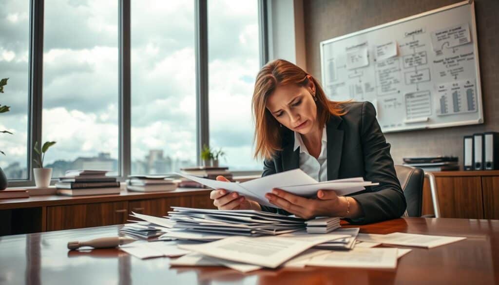A professional office setting illustrating the concept of "undercompensated claims." In the foreground, a concerned businesswoman in professional attire examines a stack of documents on a polished wooden desk, furrowing her brow with a focused expression. In the middle ground, a large window reveals a cloudy sky, casting soft, diffused light that highlights the paperwork scattered around, symbolizing disorganization and confusion. On a nearby wall, a whiteboard is filled with flowcharts and notes about compensation assessments. The atmosphere conveys unease and tension, reflecting the frequent errors made in evaluating compensation claims. Use a slightly tilted angle to enhance depth and capture the details, ensuring a sharp focus on the businesswoman and her troubled expression.
