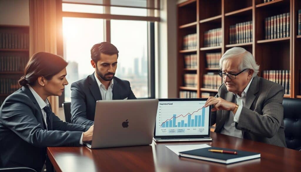 A professional office setting in the foreground where a diverse group of three individuals—two adults in formal business attire and one elder in smart casual clothing—sit around a conference table. One adult is reviewing documents with a concerned expression, symbolizing an insurance appeal process, while the elder points at a chart displayed on a laptop, illustrating payout discrepancies. In the middle ground, a large window reveals an urban skyline under soft, natural daylight, casting a warm glow on the scene. The background features bookshelves filled with legal texts and case files, enhancing the atmosphere of a law office. The mood is serious yet hopeful, emphasizing the legal options available for appealing underpaid insurance claims.