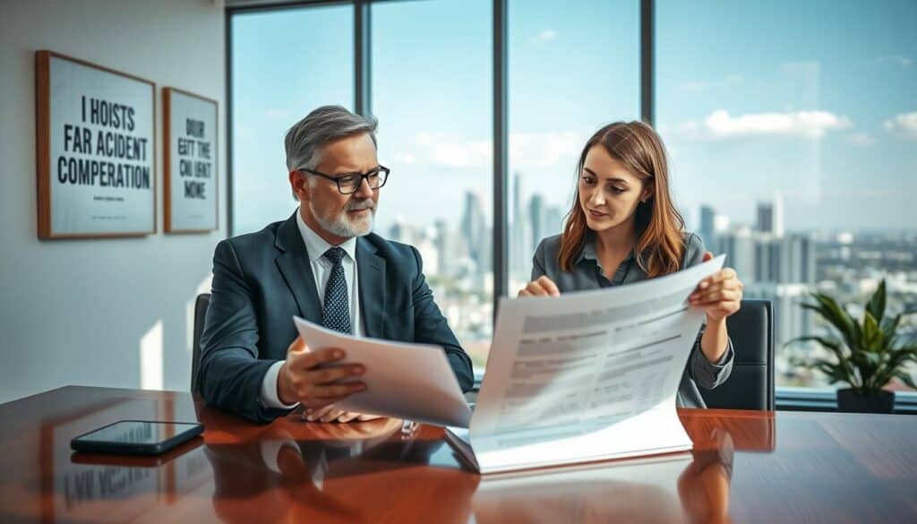 A professional office setting showcasing a confident financial advisor reviewing a car accident compensation report with a client. The advisor, a middle-aged man in a tailored suit, is seated at a polished wooden desk, looking attentively at the client. The client, a woman in a smart blouse, appears engaged and curious, pointing at a document. Bright, soft lighting illuminates the room, highlighting the modern decor with motivational artwork on the walls. The background features a large window with a view of a city skyline under a clear blue sky, creating an atmosphere of trust and professionalism. The image captures a moment of collaboration and reassurance, emphasizing the importance of thorough compensation verification.