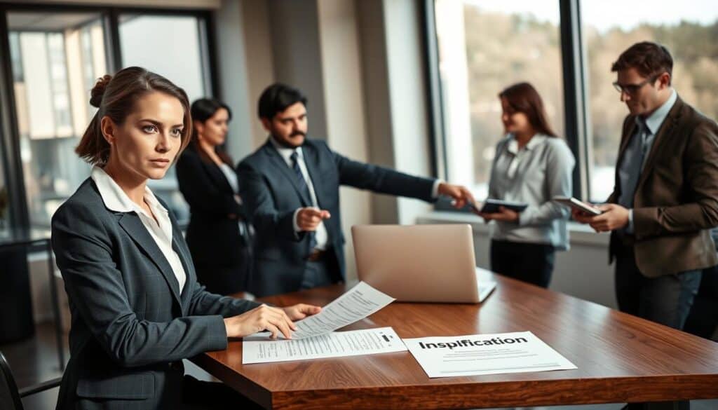 A professional office setting, showcasing a diverse group of individuals engaged in a discussion about insurance claims. In the foreground, a confident woman dressed in formal business attire is reviewing documents on a sleek wooden table, her expression focused and determined. In the middle ground, a man in a smart suit is pointing at a laptop screen, highlighting information, while another colleague, dressed casually yet professionally, takes notes on a notepad. The background features large windows with natural light streaming in, casting soft shadows around the room. The atmosphere is serious yet collaborative, emphasizing the importance of verifying insurance claims. The scene conveys urgency and professionalism, with a slight glow from the "verification" documents on the table adding visual interest. Use a wide-angle lens for depth.
