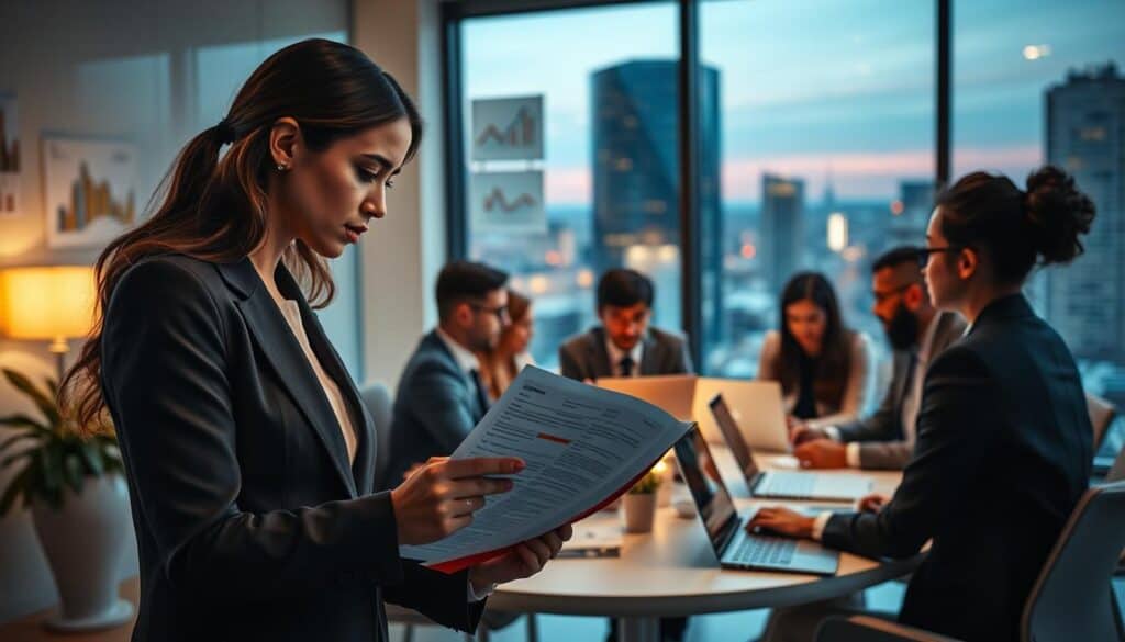 A professional office setting showcasing a diverse group of individuals engaged in a discussion around insurance claims. In the foreground, a focused female insurance analyst, dressed in a smart business suit, reviews a document with highlighted sections under a desk lamp glow. The middle layer features a collaborative environment with a round table, laptops open, and charts on the walls depicting statistical data about insurance payout trends. In the background, a large window reveals a cityscape at dusk, casting warm orange hues across the room, creating an atmosphere of urgency and deliberation. The scene conveys a sense of professionalism, critical thinking, and the complexity of insurance negotiations, aiming for clarity and seriousness. No text or watermarks in the image. A professional office setting showcasing a diverse group of individuals engaged in a discussion around insurance claims. In the foreground, a focused female insurance analyst, dressed in a smart business suit, reviews a document with highlighted sections under a desk lamp glow. The middle layer features a collaborative environment with a round table, laptops open, and charts on the walls depicting statistical data about insurance payout trends. In the background, a large window reveals a cityscape at dusk, casting warm orange hues across the room, creating an atmosphere of urgency and deliberation. The scene conveys a sense of professionalism, critical thinking, and the complexity of insurance negotiations, aiming for clarity and seriousness. No text or watermarks in the image.