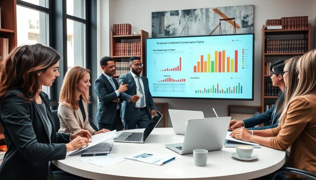 A professional office setting showcasing a team of diverse businesspeople engaged in a discussion about underpaid compensation claims. In the foreground, a woman in a smart suit examines financial documents with a look of concentration, while a man in a business attire gestures towards a large screen displaying charts and graphs related to compensation analysis. In the middle, a round table with laptops, pens, and coffee cups reflects the atmosphere of a collaborative meeting. The background features bookshelves filled with legal texts and an abstract painting highlighting the themes of analysis and finance. Soft, natural light filters through large windows, creating a calm yet focused atmosphere, emphasizing serious analytic discussions and teamwork. A professional office setting showcasing a team of diverse businesspeople engaged in a discussion about underpaid compensation claims. In the foreground, a woman in a smart suit examines financial documents with a look of concentration, while a man in a business attire gestures towards a large screen displaying charts and graphs related to compensation analysis. In the middle, a round table with laptops, pens, and coffee cups reflects the atmosphere of a collaborative meeting. The background features bookshelves filled with legal texts and an abstract painting highlighting the themes of analysis and finance. Soft, natural light filters through large windows, creating a calm yet focused atmosphere, emphasizing serious analytic discussions and teamwork.