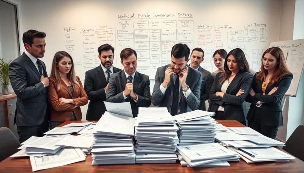 A professional office setting showcasing common errors in the compensation process. In the foreground, a diverse group of business professionals in smart attire examines a stack of documents with puzzled expressions. In the middle, a large table covered with various paperwork and charts depicting discrepancies in compensation claims. The background includes a modern office with a whiteboard filled with notes and diagrams outlining the compensation process. Soft, focused lighting highlights the professionals' engaged expressions, creating an atmosphere of concern and urgency. The composition should be captured with a wide-angle lens to include the entire workspace, emphasizing the collaborative effort in addressing the mistakes made in the compensation journey. A professional office setting showcasing common errors in the compensation process. In the foreground, a diverse group of business professionals in smart attire examines a stack of documents with puzzled expressions. In the middle, a large table covered with various paperwork and charts depicting discrepancies in compensation claims. The background includes a modern office with a whiteboard filled with notes and diagrams outlining the compensation process. Soft, focused lighting highlights the professionals' engaged expressions, creating an atmosphere of concern and urgency. The composition should be captured with a wide-angle lens to include the entire workspace, emphasizing the collaborative effort in addressing the mistakes made in the compensation journey.