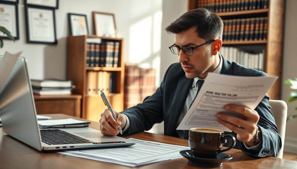A professional office setting where a concerned individual in business attire is sitting at a desk, reviewing documents related to an insurance claim. The foreground features a close-up of the individual's focused expression, a high-quality pen in hand, with a laptop displaying a claims form. The middle section shows a well-organized desk cluttered with important papers, a calculator, and a steaming cup of coffee, symbolizing a moment of intense contemplation. In the background, a shelf filled with legal books and framed certificates adds a sense of authority and seriousness. Soft, natural light filters through a window, casting gentle shadows across the scene, creating a mood of determination and contemplation, emphasizing the importance of appealing a denied claim.