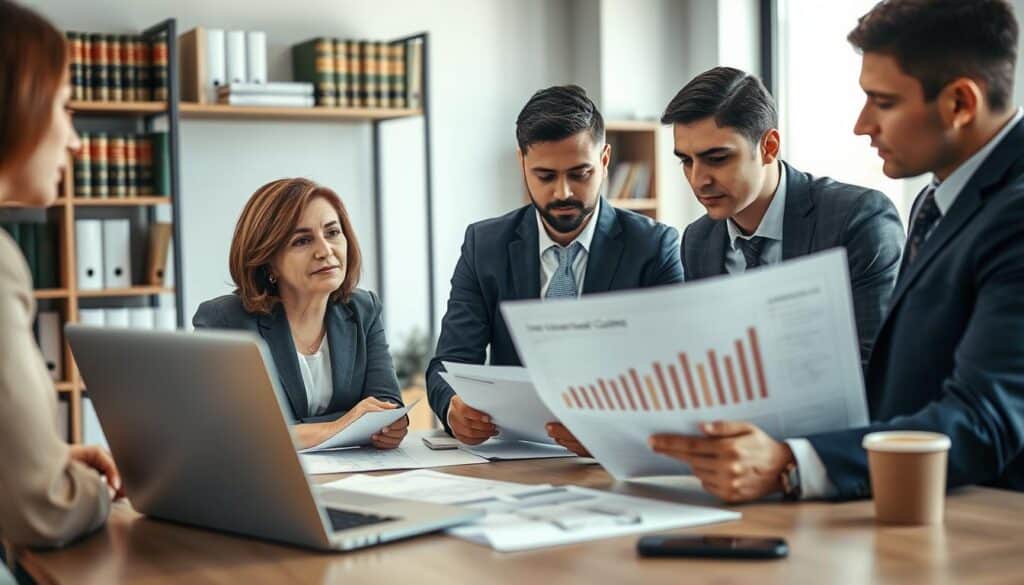 A professional office setting with a diverse group of individuals engaged in a discussion around a table, analyzing documents related to insurance claims. In the foreground, a middle-aged woman in smart business attire looks thoughtfully at the paperwork, while a young man, dressed in a suit, gestures confidently as he presents his point. The middle ground captures a laptop showing a digital graph of successful claims and a coffee cup nearby, creating a productive atmosphere. The background features shelves filled with legal books and a window letting in soft natural light, illuminating the scene and adding warmth. The overall mood is focused and collaborative, emphasizing teamwork in resolving insurance disputes.