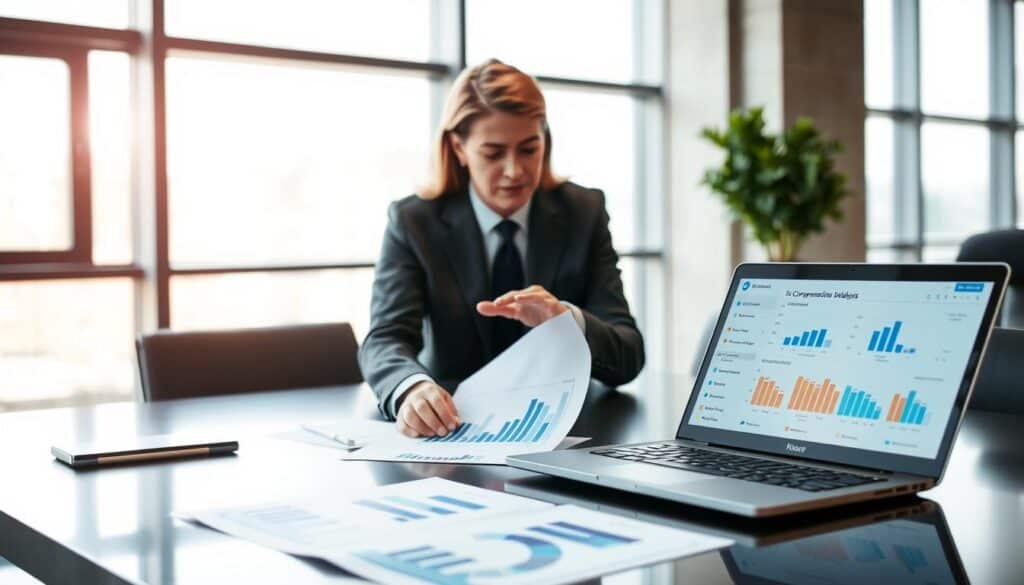 A professional office setting with two business professionals engaged in a detailed consultation. In the foreground, a middle-aged man in a tailored suit is intently examining documents spread across a sleek conference table, while a woman in a business blazer gestures towards a laptop displaying graphs and statistical data. The middle layer features a close-up of the documents featuring charts and key performance indicators related to compensation analysis. In the background, large windows let in soft, natural light, creating a warm and focused atmosphere. The overall mood conveys professionalism and thorough evaluation, emphasizing the importance of analysis after consultations. Use a soft focus on the background to draw attention to the detailed interactions in the foreground. A professional office setting with two business professionals engaged in a detailed consultation. In the foreground, a middle-aged man in a tailored suit is intently examining documents spread across a sleek conference table, while a woman in a business blazer gestures towards a laptop displaying graphs and statistical data. The middle layer features a close-up of the documents featuring charts and key performance indicators related to compensation analysis. In the background, large windows let in soft, natural light, creating a warm and focused atmosphere. The overall mood conveys professionalism and thorough evaluation, emphasizing the importance of analysis after consultations. Use a soft focus on the background to draw attention to the detailed interactions in the foreground.